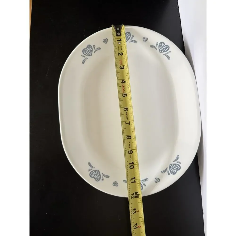 Vintage Corelle Country Cottage Blue Hearts Oval Serving Platter 10 x 12.25”